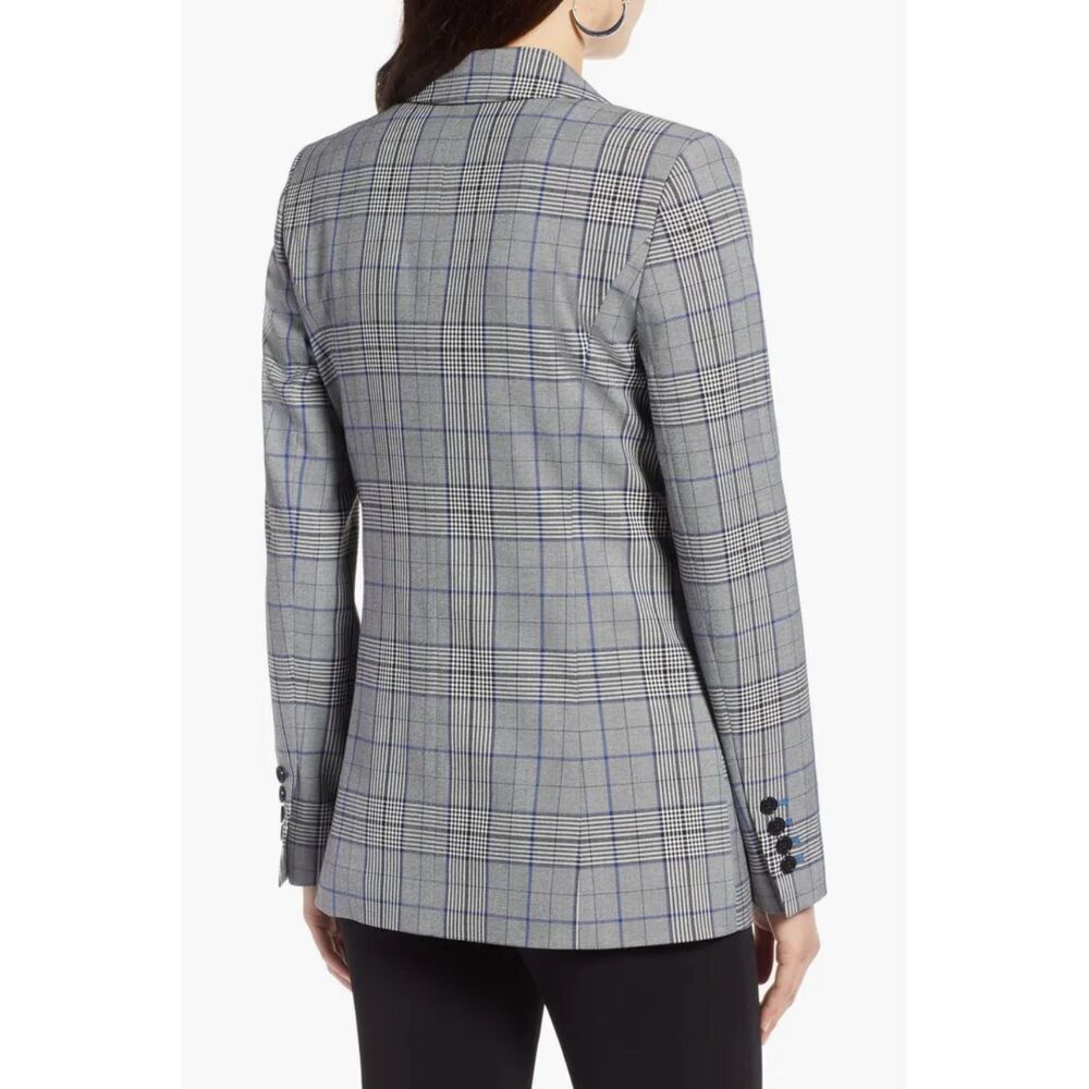 Plaid Blazer Women's Double‎ Breasted Checkered Career Jacket Gray Blue - Picture 3 of 8
